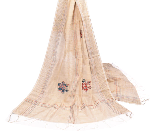 Sushila Vintage Beige Dupatta Art Cotton Silk Applique Work Long Stole