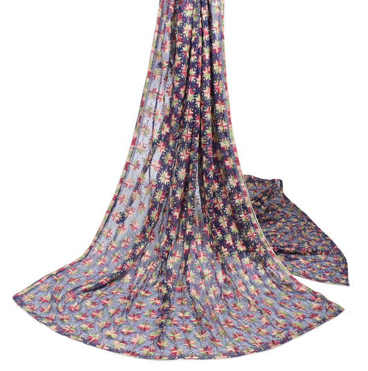 Sushila Vintage Blue Dupatta Bagh Phulkari Art Chiffon Long Stole Veil