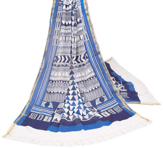 Sushila Vintage White Dupatta Pure Cotton Hand Printed Long Stole Hijab
