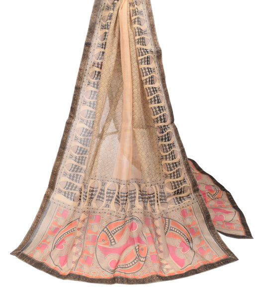 Sushila Vintage Madhubaui Dupatta Art Cotton Silk Printed Fish Long Stole