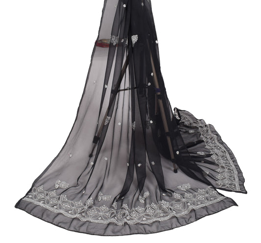 Sushila Vintage Lucknowi Chikankari Dupatta Black Art Georgette Long Stole