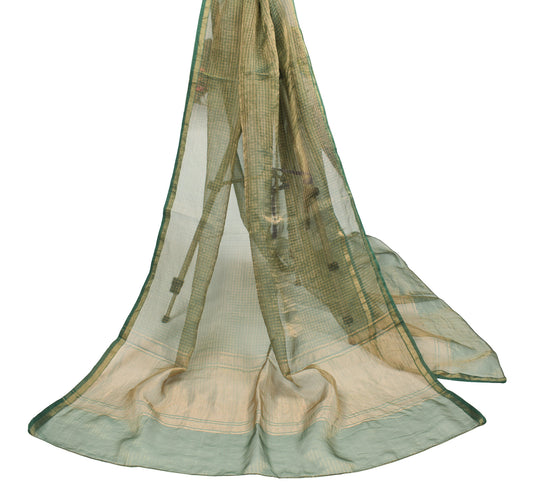 Sushila Vintage BRANDED Green Dupatta Zari Woven Pure Tissue Checks Long Stole