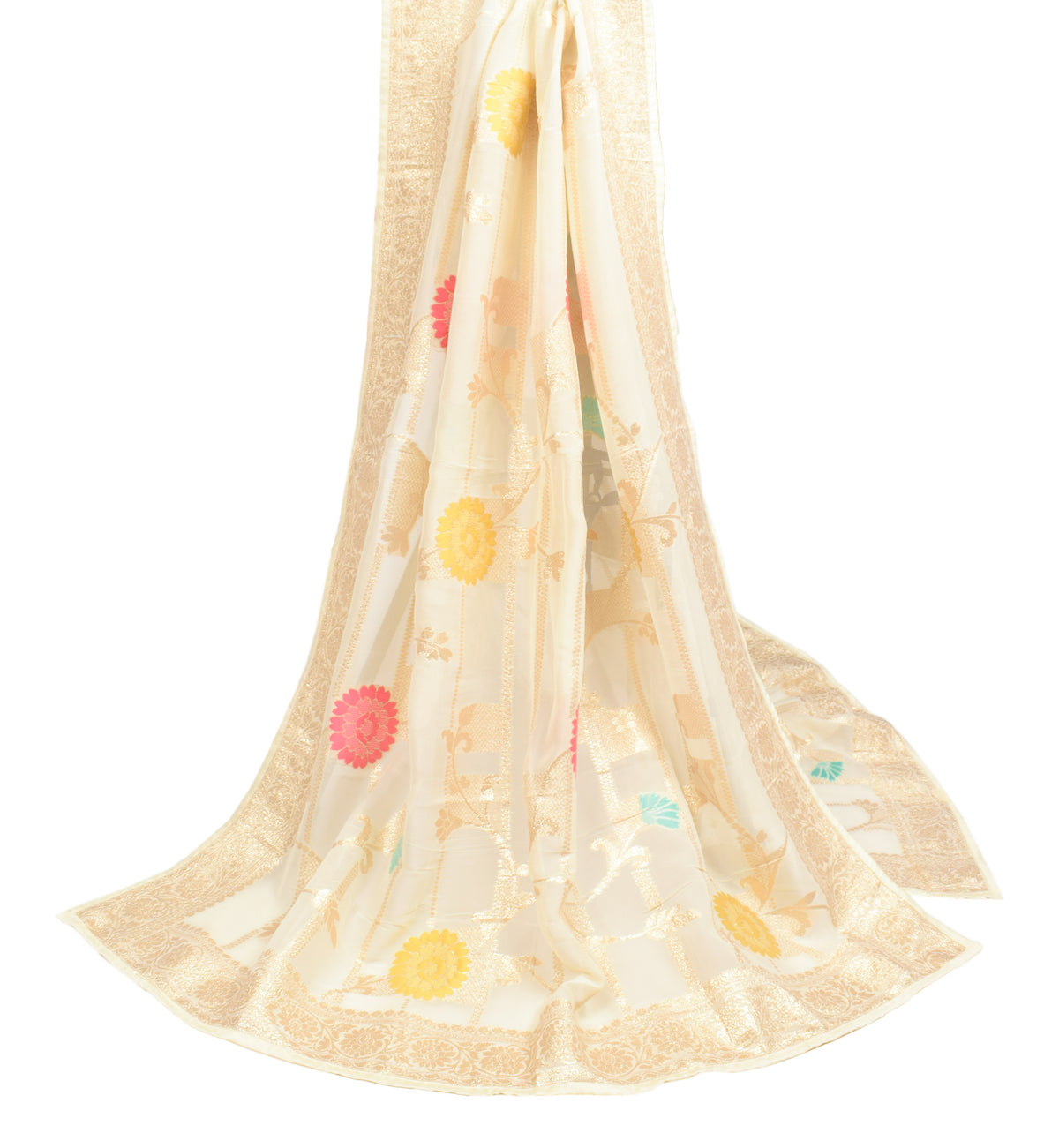 Sushila Vintage Floral Cream Dupatta Silk Zari Woven Banarasi Long Stole