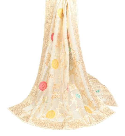 Sushila Vintage Floral Cream Dupatta Silk Zari Woven Banarasi Long Stole