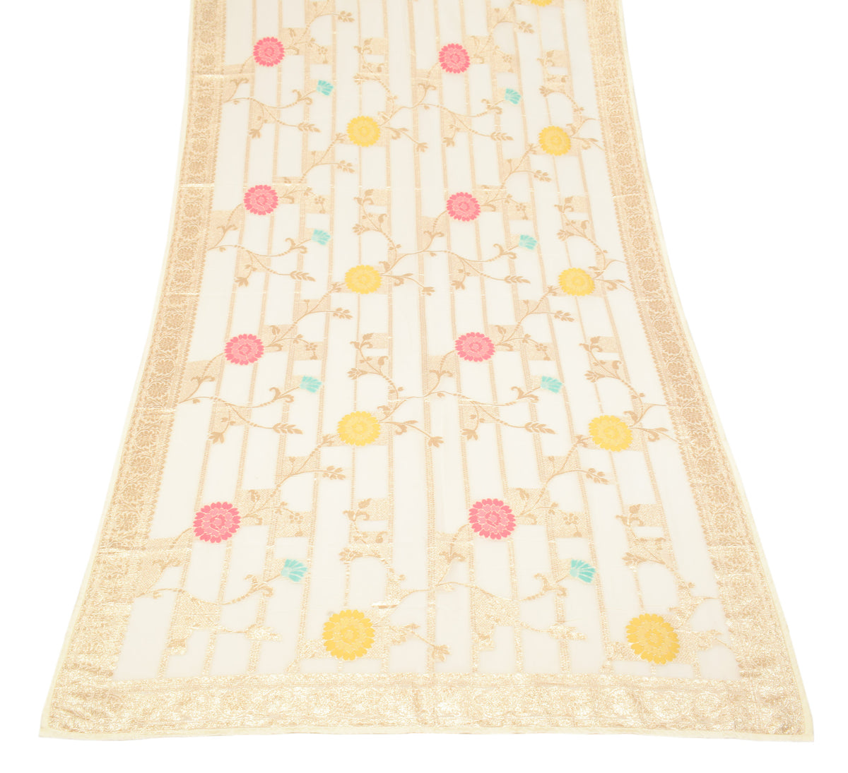 Sushila Vintage Floral Cream Dupatta Silk Zari Woven Banarasi Long Stole