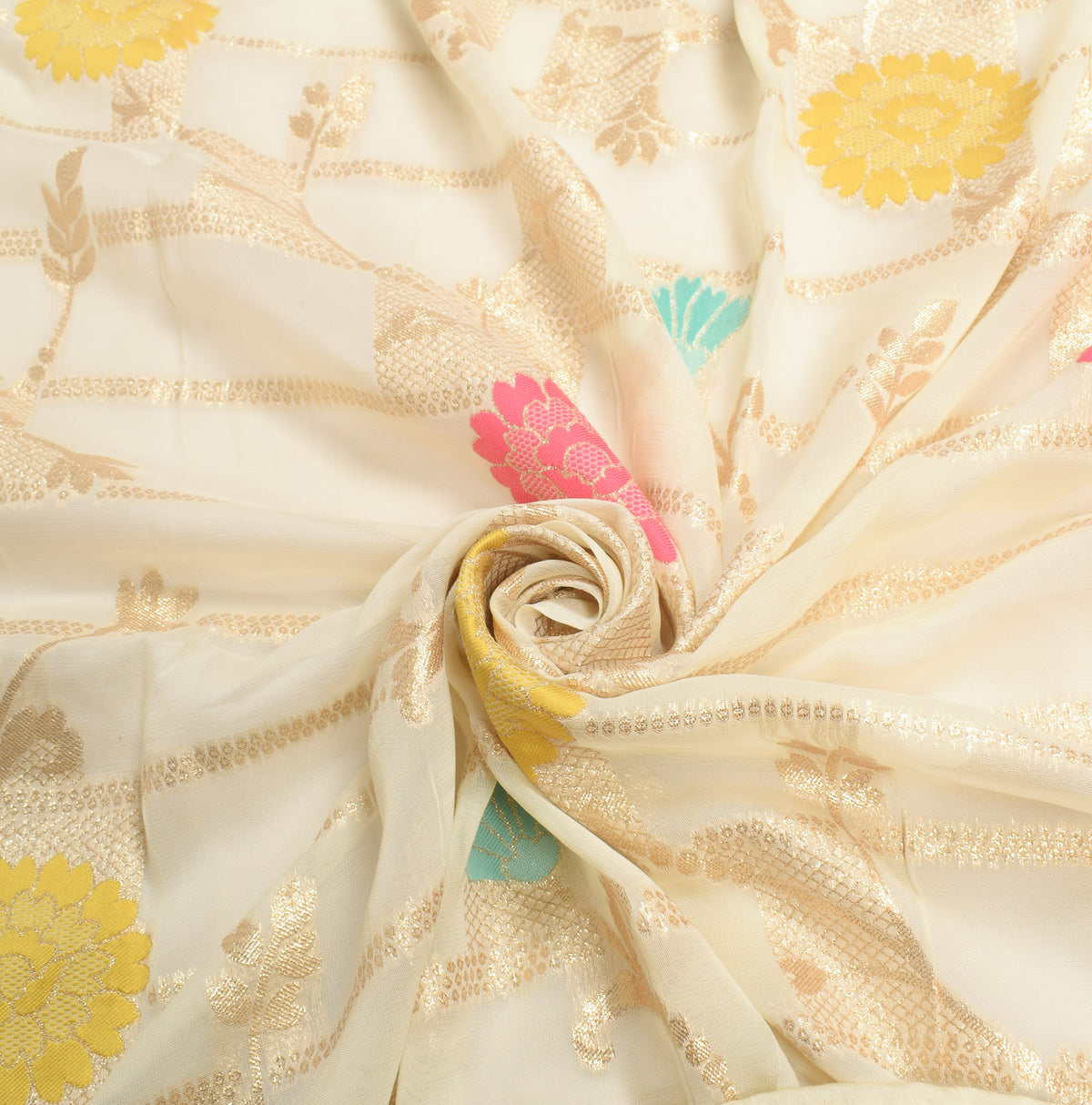 Sushila Vintage Floral Cream Dupatta Silk Zari Woven Banarasi Long Stole