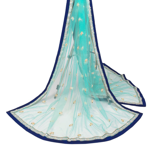 Sushila Vintage Turquoise Blue Dupatta Stone Work Net Long Stole Veil