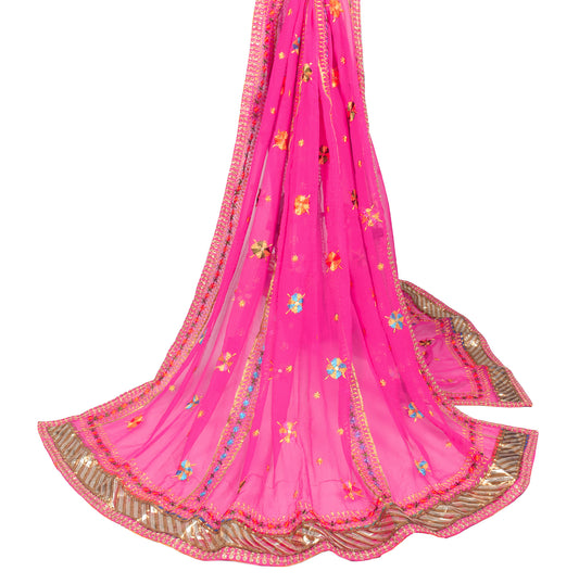 Sushila Vintage Magenta Dupatta Bagh Phulkari Pure Chiffon Floral Long Stole