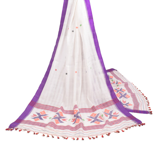 Sushila Vintage White Dupatta Hand Woven Art Cotton Geometrical Long Stole