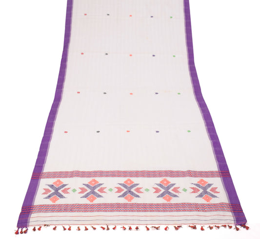 Sushila Vintage White Dupatta Hand Woven Art Cotton Geometrical Long Stole