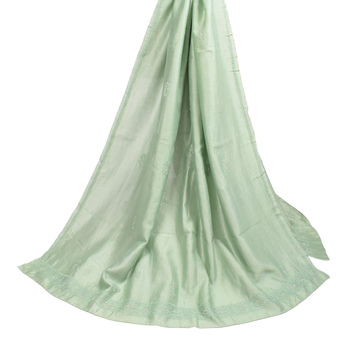 Sushila Vintage Sage Green Dupatta Pure Cotton Silk Chikankari Long Stole