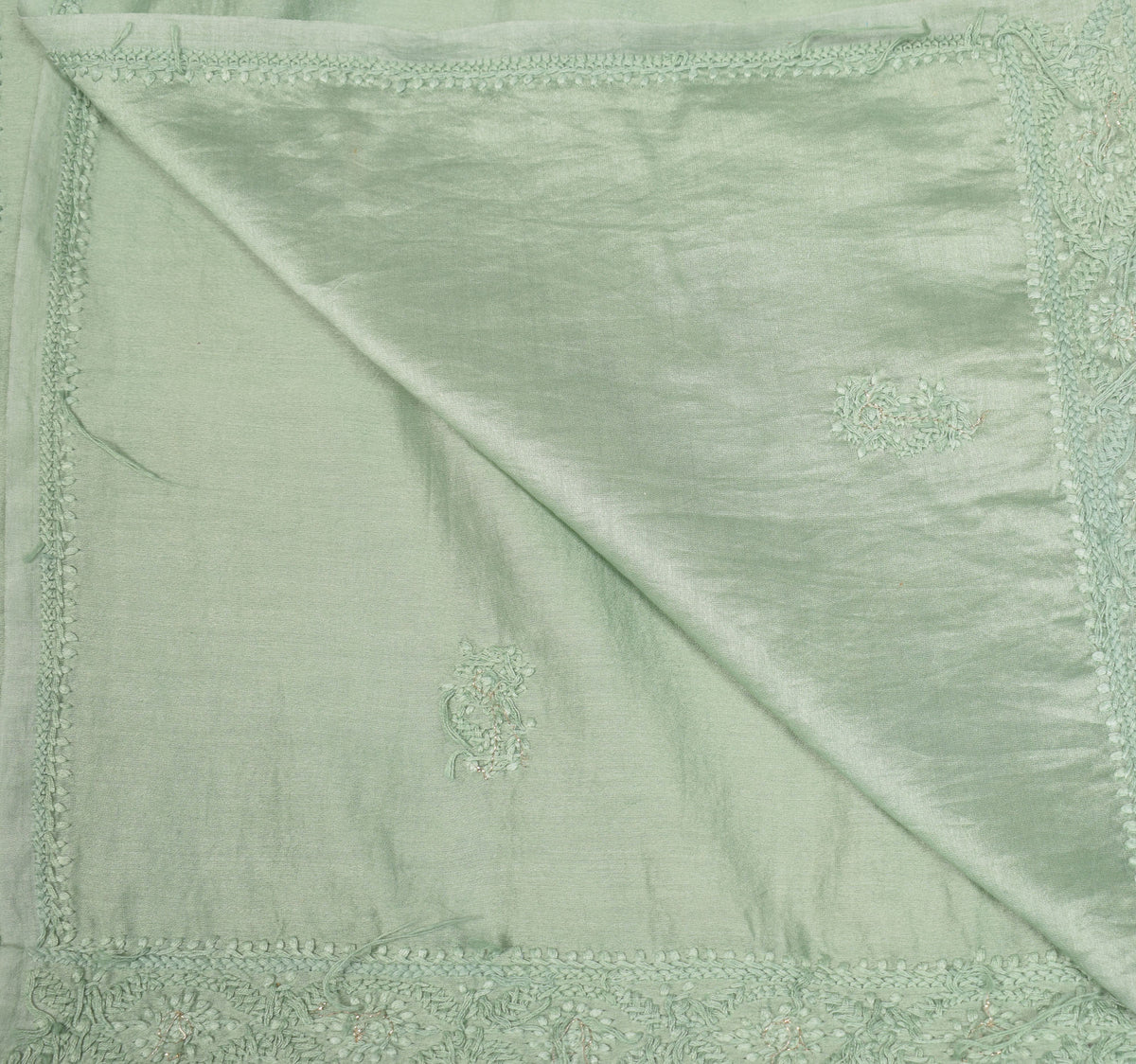 Sushila Vintage Sage Green Dupatta Pure Cotton Silk Chikankari Long Stole