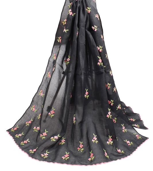 Sushila Vintage Hand Embroidered Dupatta Art Cotton Black Long Stole