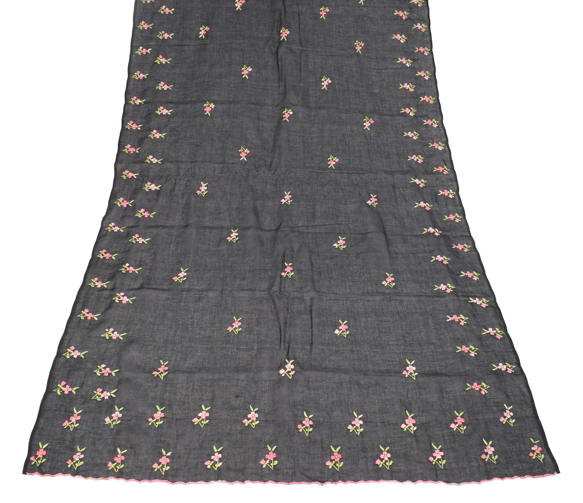 Sushila Vintage Hand Embroidered Dupatta Art Cotton Black Long Stole