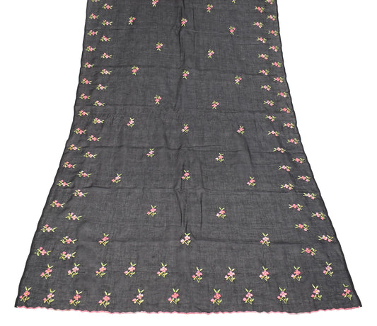 Sushila Vintage Hand Embroidered Dupatta Art Cotton Black Long Stole