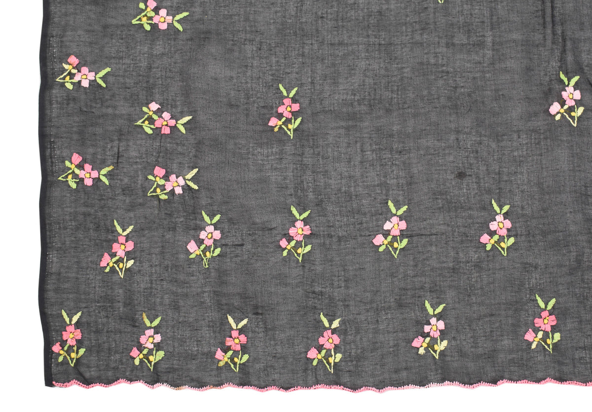 Sushila Vintage Hand Embroidered Dupatta Art Cotton Black Long Stole