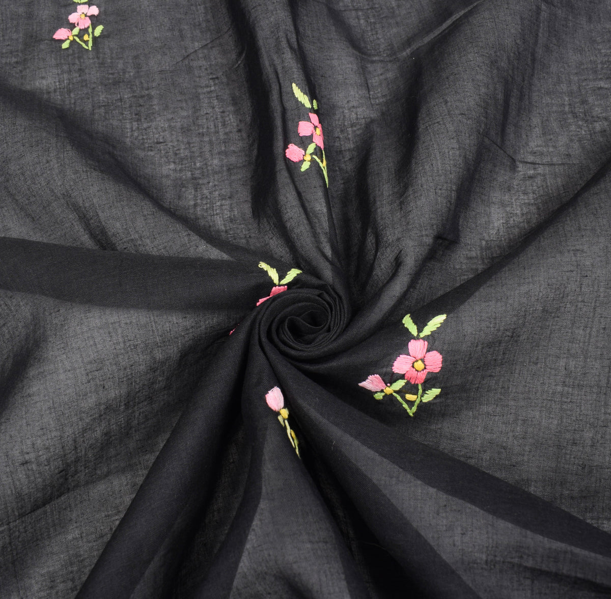 Sushila Vintage Hand Embroidered Dupatta Art Cotton Black Long Stole