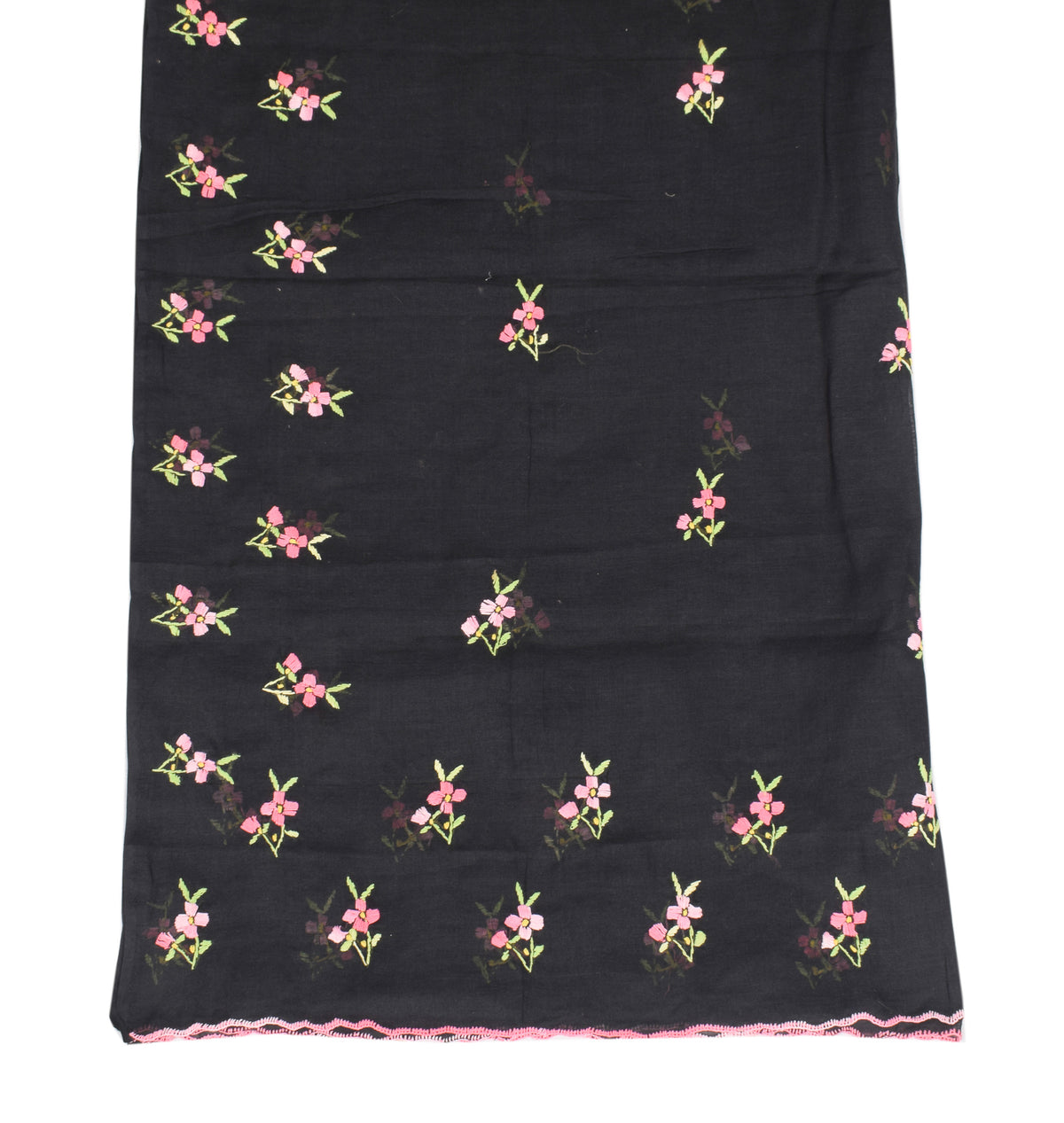 Sushila Vintage Hand Embroidered Dupatta Art Cotton Black Long Stole