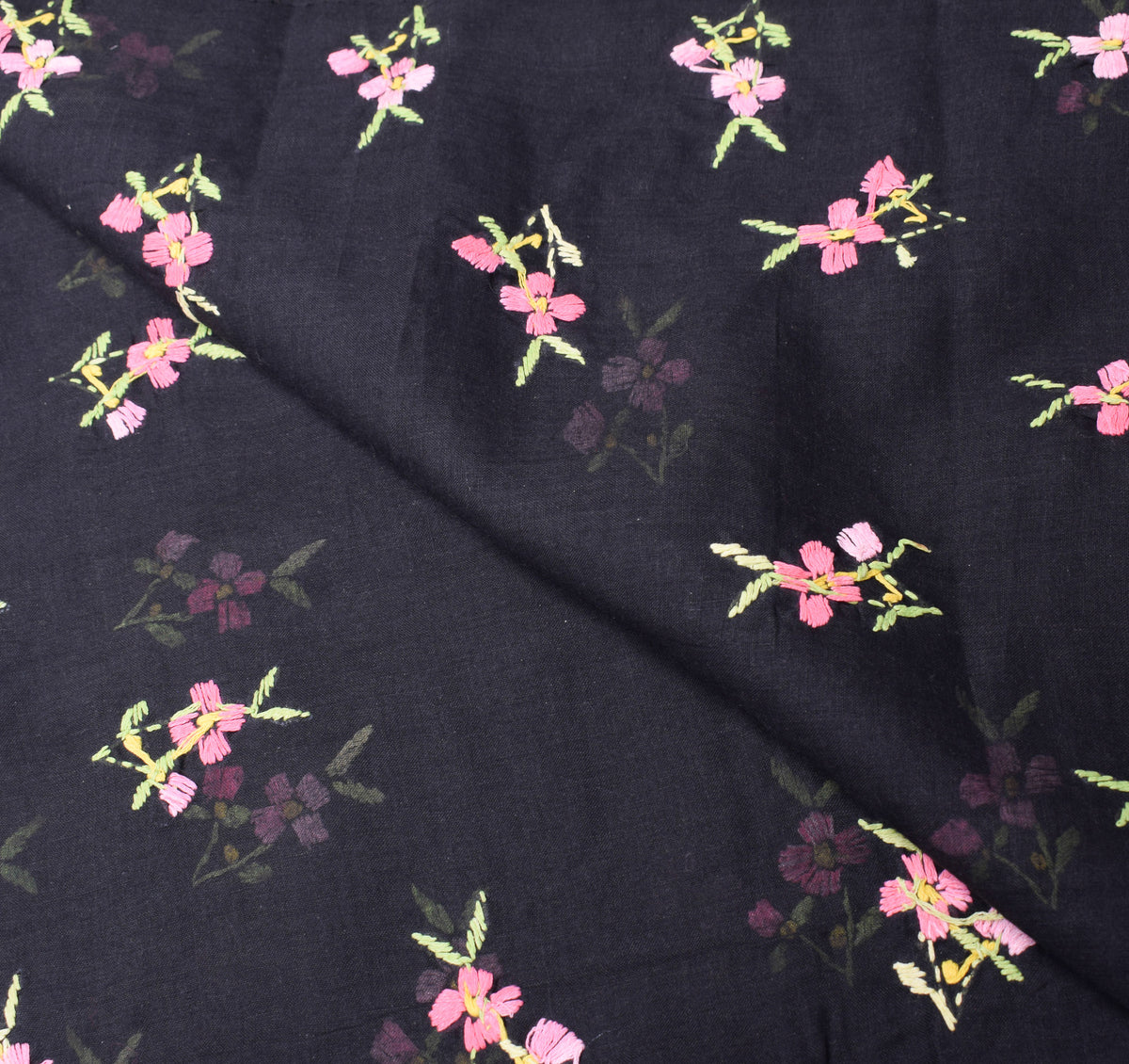 Sushila Vintage Hand Embroidered Dupatta Art Cotton Black Long Stole