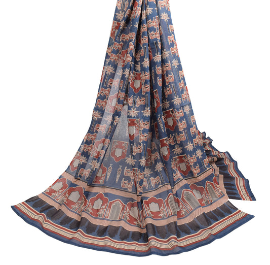 Sushila Vintage Blue Block Print Dupatta Pure Cotton Soft Long Stole Wrap
