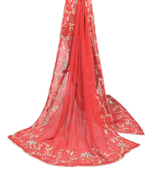 Sushila Vintage Red Dupatta Sequins Glass Beads Work Pure Georgette Long Stole