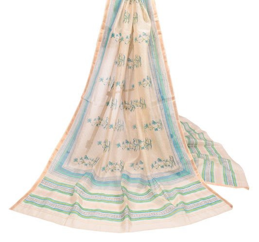 Sushila Vintage Beige Dupatta Hand Block Printed Pure Cotton Silk Long Stole