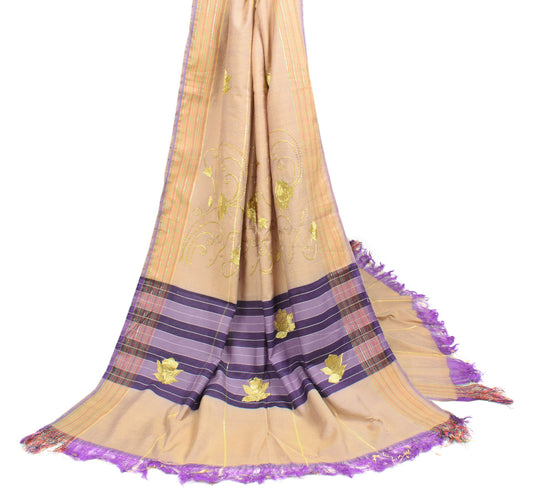 Sushila Vintage Beige Purple Dupatta Art Cotton Hand Embroidered Long Stole