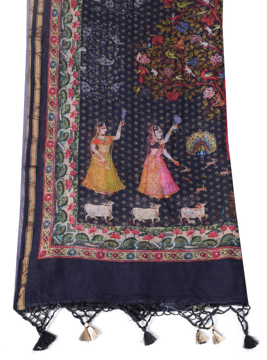 Sushila Vintage Indian Pichwai Dupatta Printed Pure Cotton Silk Blue Long Stole
