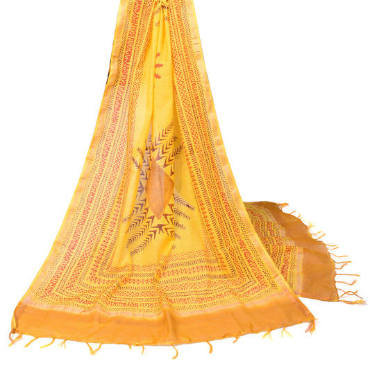 Sushila Vintage Yellow Dupatta Printed Pure Cotton Silk Hand Block Long Stole