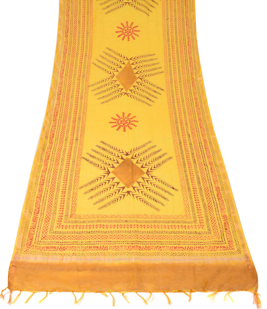 Sushila Vintage Yellow Dupatta Printed Pure Cotton Silk Hand Block Long Stole