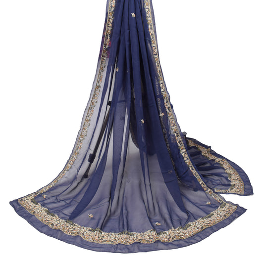 Sushila Vintage Blue Dupatta Floral Embroidered Pure Georgette Long Stole