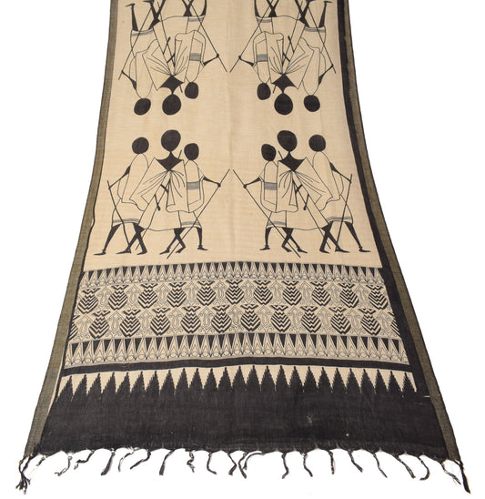 Sushila Vintage Beige Black Dupatta Printed Warli Art Pure Cotton Silk Long Stole