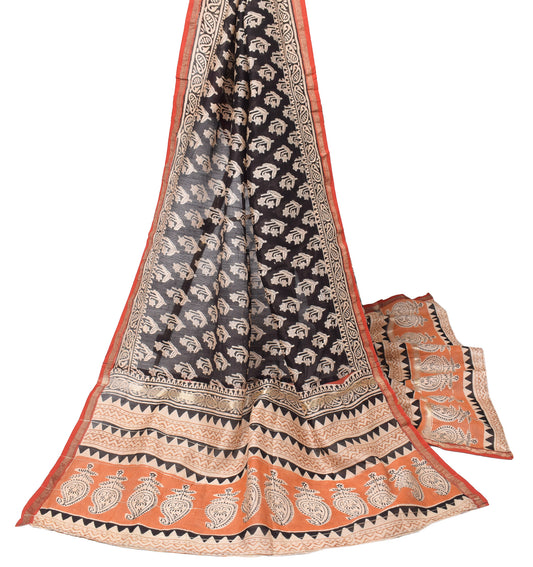 Sushila Vintage Bagru HandBlock Printed Dupatta Pure Cotton Silk Black Long Stole