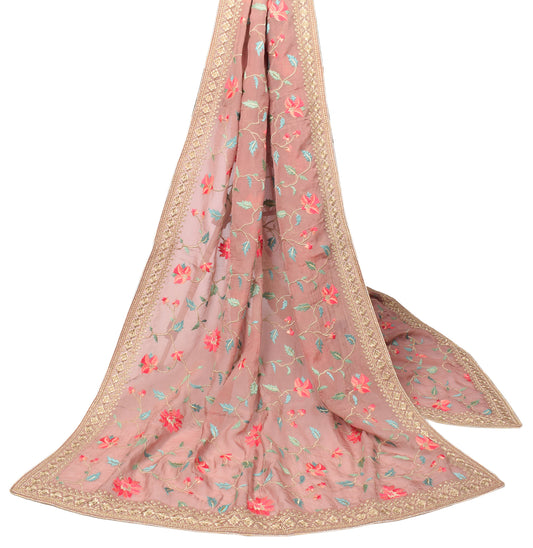 Sushila Vintage Dusty Rose Dupatta Pure Georgette Embroidered Floral Long Stole