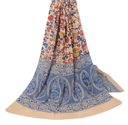 Sushila Vintage Cream Dupatta Hand Printed Kalamkari Pure Cotton Soft Long Stole