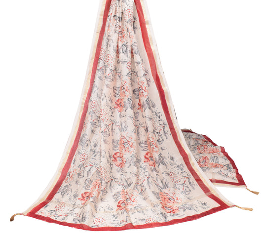 Sushila Vintage Cream Dupatta Printed Floral Pure Cotton Silk Long Stole Hijab