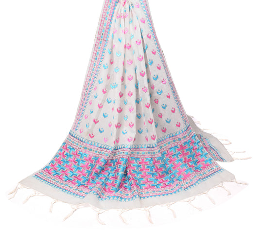Sushila Vintage White Dupatta Kota Doria Silk Hand Embroidered Phulkari Long Stole