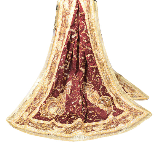 Sushila Vintage Maroon Bridal Dupatta Art Satin Zardozi Dabka Embraided Long stole