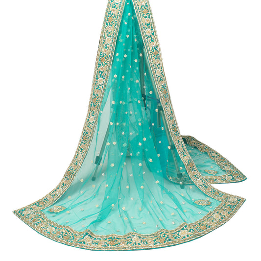 Sushila Vintage Aqua Green Heavy Dupatta Net Zardozi Stone Work Long Stole