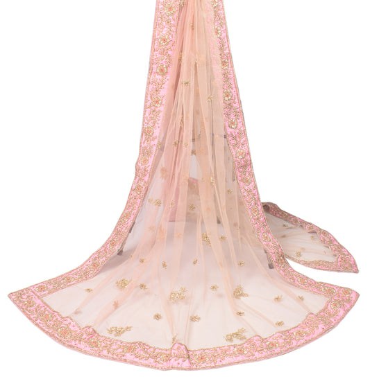 Sushila Vintage Pink Heavy Dupatta Zardozi Work Net Mesh Wedding Long Stole