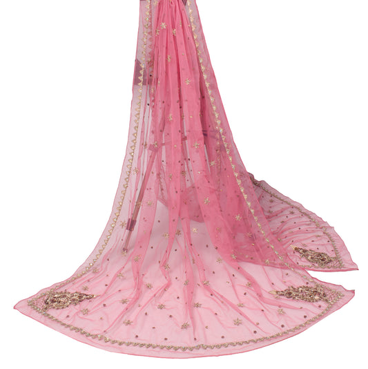 Sushila Vintage Pink Net Mesh Dupatta Zardozi Embroidered Wedding Long Stole