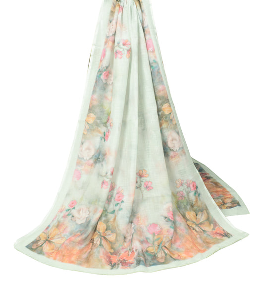 Sushila Vintage Green Dupatta Printed Digital Art Linen Cotton Long Stole Wrap