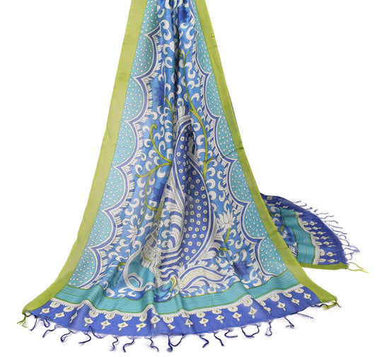Sushila Vintage Blue Pure Cotton Silk Dupatta Printed Kalamkari Long Stole
