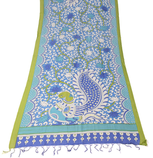 Sushila Vintage Blue Pure Cotton Silk Dupatta Printed Kalamkari Long Stole