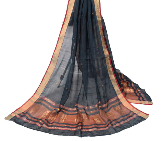 Sushila Vintage Black Hand Woven Dupatta Pure Cotton Zari Brocade Long Stole Hijab
