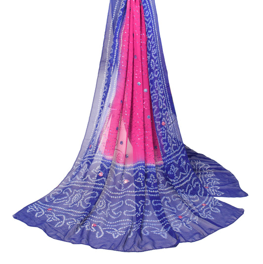 Sushila Vintage Pink Blue Dupatta Printed Bandhani Pure Georgette Long Stole Veil