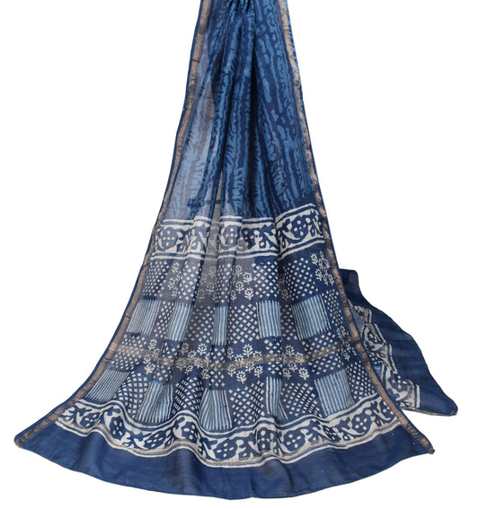 Sushila Vintage Blue White Dupatta Indigo-Dyed Handblock Pure Cotton Silk Long Stole