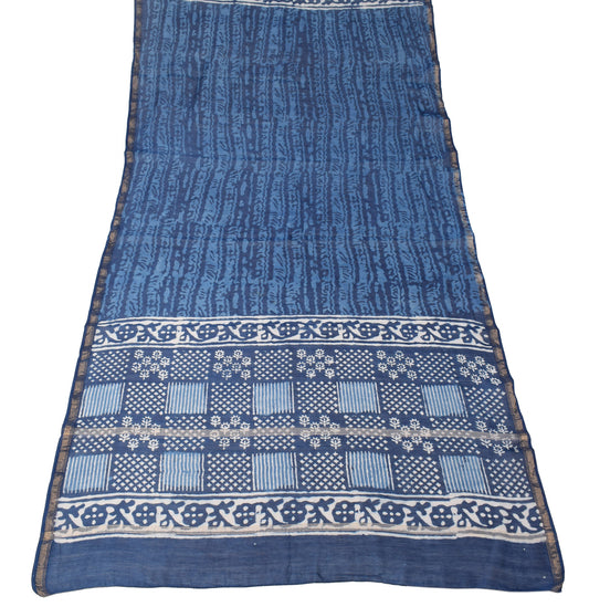 Sushila Vintage Blue White Dupatta Indigo-Dyed Handblock Pure Cotton Silk Long Stole