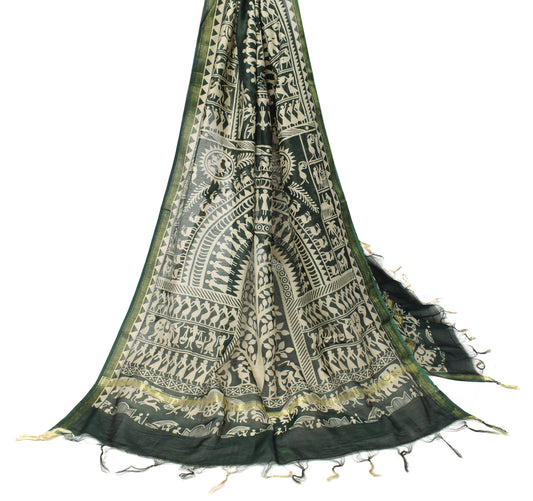 Sushila Vintage Green Dupatta Printed Warli Art Pure Cotton Silk Long Stole Wrap