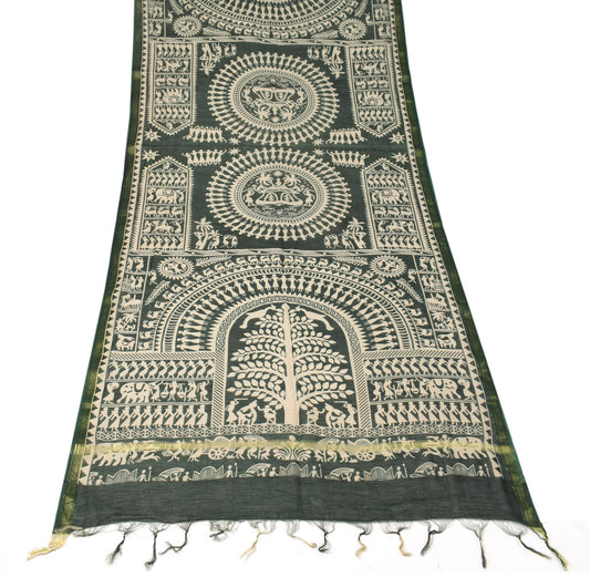 Sushila Vintage Green Dupatta Printed Warli Art Pure Cotton Silk Long Stole Wrap